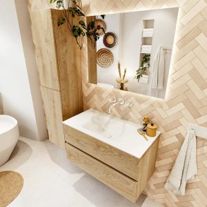 MONDIAZ VICA 90cm badmeubel onderkast Washed Oak 2 lades. Wastafel CLOUD midden zonder kraangat