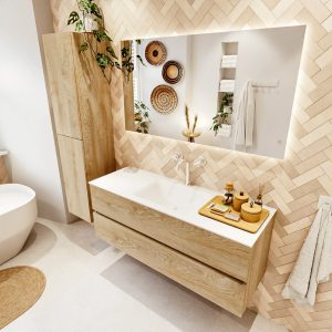 MONDIAZ VICA 130cm badmeubel onderkast Washed Oak 2 lades. Wastafel CLOUD midden 1 kraangat