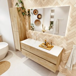 MONDIAZ VICA 130cm badmeubel onderkast Washed Oak 2 lades. Wastafel CLOUD links 1 kraangat