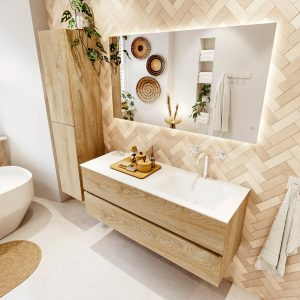 MONDIAZ VICA 130cm badmeubel onderkast Washed Oak 2 lades. Wastafel CLOUD rechts 1 kraangat