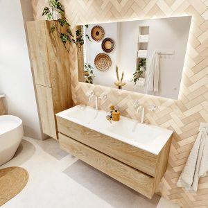 MONDIAZ VICA 130cm badmeubel onderkast Washed Oak 2 lades. Wastafel CLOUD dubbel 2 kraangaten