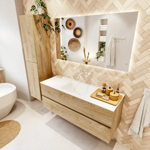 MONDIAZ VICA 130cm badmeubel onderkast Washed Oak 2 lades. Wastafel CLOUD midden zonder kraangat