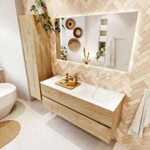 MONDIAZ VICA 130cm badmeubel onderkast Washed Oak 2 lades. Wastafel CLOUD rechts zonder kraangat