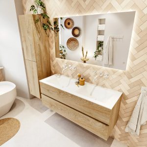 MONDIAZ VICA 130cm badmeubel onderkast Washed Oak 2 lades. Wastafel CLOUD dubbel zonder kraangat