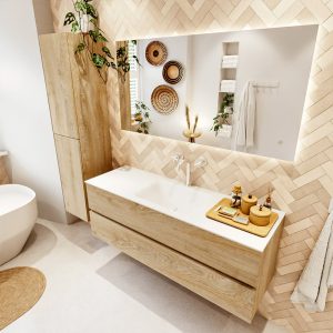 MONDIAZ VICA 140cm badmeubel onderkast Washed Oak 2 lades. Wastafel CLOUD midden 1 kraangat
