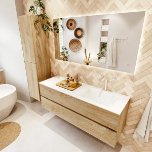 MONDIAZ VICA 140cm badmeubel onderkast Washed Oak 2 lades. Wastafel CLOUD rechts 1 kraangat