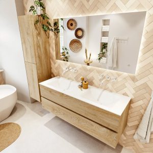MONDIAZ VICA 140cm badmeubel onderkast Washed Oak 2 lades. Wastafel CLOUD dubbel zonder kraangat