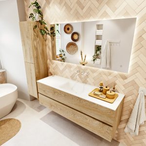 MONDIAZ VICA 150cm badmeubel onderkast Washed Oak 2 lades. Wastafel CLOUD midden zonder kraangat