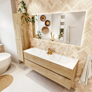 MONDIAZ VICA 150cm badmeubel onderkast Washed Oak 2 lades. Wastafel CLOUD dubbel zonder kraangat