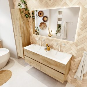 MONDIAZ VICA 130cm badmeubel onderkast Washed Oak 4 lades. Wastafel CLOUD dubbel 2 kraangaten