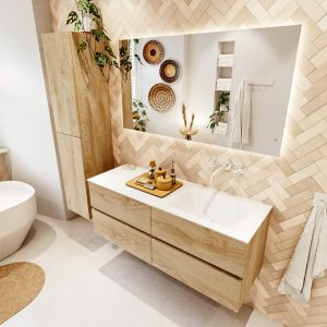 MONDIAZ VICA 130cm badmeubel onderkast Washed Oak 4 lades. Wastafel CLOUD rechts zonder kraangat