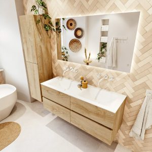 MONDIAZ VICA 130cm badmeubel onderkast Washed Oak 4 lades. Wastafel CLOUD dubbel zonder kraangat