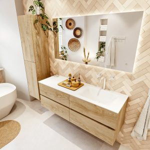MONDIAZ VICA 140cm badmeubel onderkast Washed Oak 4 lades. Wastafel CLOUD rechts 1 kraangat