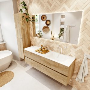 MONDIAZ VICA 150cm badmeubel onderkast Washed Oak 4 lades. Wastafel CLOUD rechts 1 kraangat