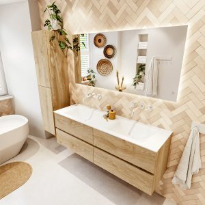 MONDIAZ VICA 150cm badmeubel onderkast Washed Oak 4 lades. Wastafel CLOUD dubbel zonder kraangat