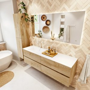 MONDIAZ VICA 160cm badmeubel onderkast Washed Oak 4 lades. Wastafel CLOUD links 1 kraangat