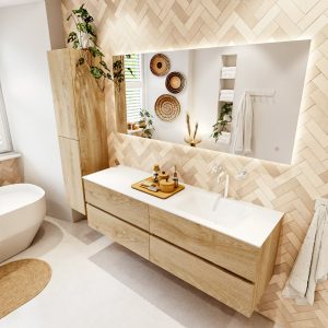 MONDIAZ VICA 160cm badmeubel onderkast Washed Oak 4 lades. Wastafel CLOUD rechts 1 kraangat
