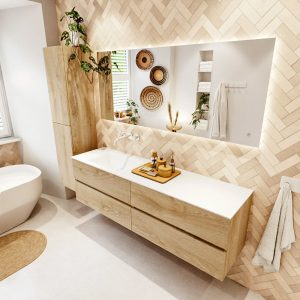 MONDIAZ VICA 170cm badmeubel onderkast Washed Oak 4 lades. Wastafel CLOUD links zonder kraangat