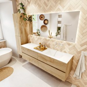 MONDIAZ VICA 170cm badmeubel onderkast Washed Oak 4 lades. Wastafel CLOUD rechts zonder kraangat