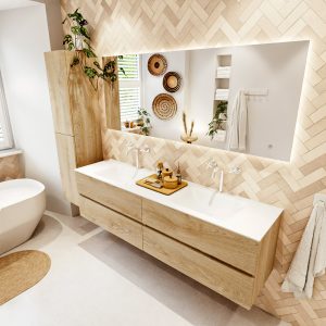 MONDIAZ VICA 180cm badmeubel onderkast Washed Oak 4 lades. Wastafel CLOUD dubbel 2 kraangaten