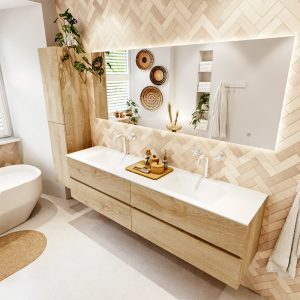 MONDIAZ VICA 190cm badmeubel onderkast Washed Oak 4 lades. Wastafel CLOUD dubbel 2 kraangaten