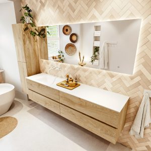 MONDIAZ VICA 200cm badmeubel onderkast Washed Oak 4 lades. Wastafel CLOUD links zonder kraangat