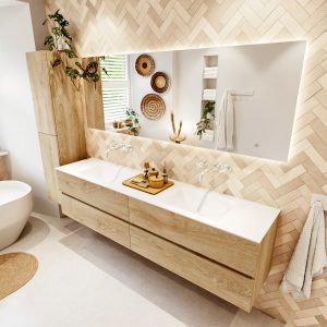 MONDIAZ VICA 200cm badmeubel onderkast Washed Oak 4 lades. Wastafel CLOUD dubbel zonder kraangat