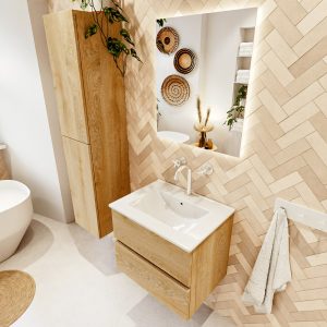 MONDIAZ VICA 60cm badmeubel onderkast Washed Oak 2 lades. Wastafel DENIA midden 1 kraangat