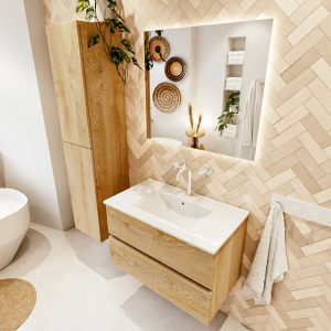 MONDIAZ VICA 80cm badmeubel onderkast Washed Oak 2 lades. Wastafel DENIA midden 1 kraangat