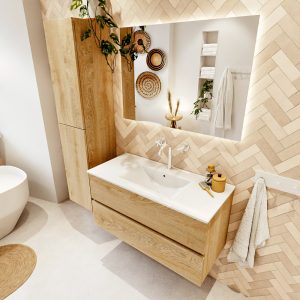 MONDIAZ VICA 100cm badmeubel onderkast Washed Oak 2 lades. Wastafel DENIA midden 1 kraangat