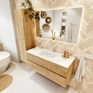 MONDIAZ VICA 120cm badmeubel onderkast Washed Oak 2 lades. Wastafel DENIA midden 1 kraangat