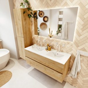 MONDIAZ VICA 120cm badmeubel onderkast Washed Oak 2 lades. Wastafel DENIA dubbel 2 kraangaten