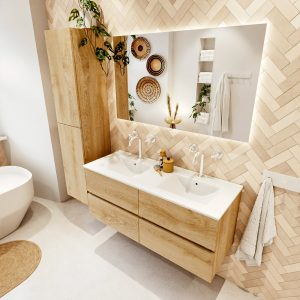 MONDIAZ VICA 120cm badmeubel onderkast Washed Oak 4 lades. Wastafel DENIA dubbel 2 kraangaten