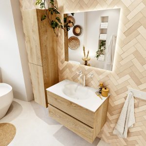 MONDIAZ VICA 80cm badmeubel onderkast Washed Oak 2 lades. Wastafel MOON midden 1 kraangat