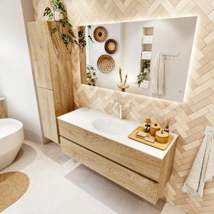 MONDIAZ VICA 130cm badmeubel onderkast Washed Oak 2 lades. Wastafel MOON midden 1 kraangat