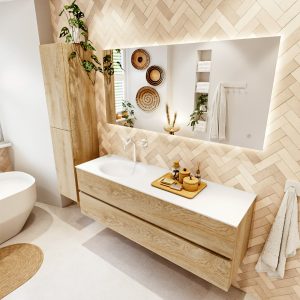 MONDIAZ VICA 150cm badmeubel onderkast Washed Oak 2 lades. Wastafel MOON links 1 kraangat