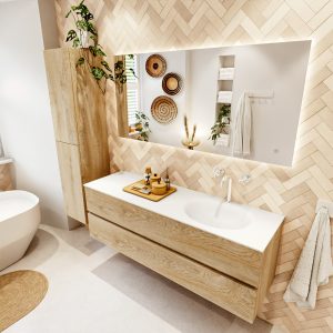 MONDIAZ VICA 150cm badmeubel onderkast Washed Oak 2 lades. Wastafel MOON rechts 1 kraangat