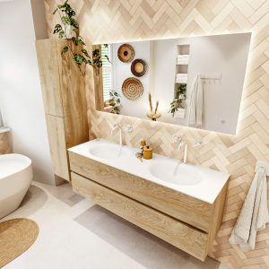 MONDIAZ VICA 150cm badmeubel onderkast Washed Oak 2 lades. Wastafel MOON dubbel 2 kraangaten