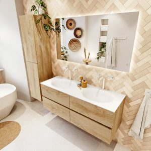 MONDIAZ VICA 130cm badmeubel onderkast Washed Oak 4 lades. Wastafel MOON dubbel 2 kraangaten