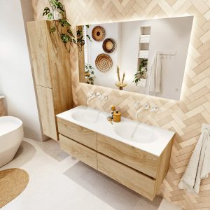 MONDIAZ VICA 130cm badmeubel onderkast Washed Oak 4 lades. Wastafel MOON dubbel zonder kraangat