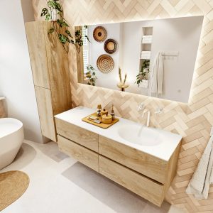 MONDIAZ VICA 140cm badmeubel onderkast Washed Oak 4 lades. Wastafel MOON rechts 1 kraangat