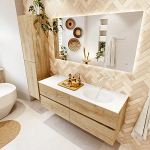 MONDIAZ VICA 140cm badmeubel onderkast Washed Oak 4 lades. Wastafel MOON rechts zonder kraangat