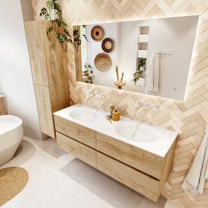 MONDIAZ VICA 140cm badmeubel onderkast Washed Oak 4 lades. Wastafel MOON dubbel zonder kraangat