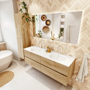 MONDIAZ VICA 150cm badmeubel onderkast Washed Oak 4 lades. Wastafel MOON dubbel 2 kraangaten