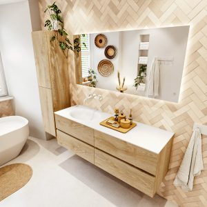 MONDIAZ VICA 150cm badmeubel onderkast Washed Oak 4 lades. Wastafel MOON links zonder kraangat