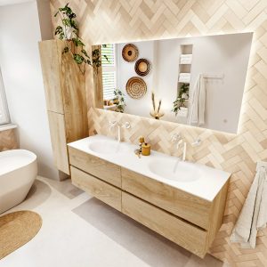 MONDIAZ VICA 160cm badmeubel onderkast Washed Oak 4 lades. Wastafel MOON dubbel 2 kraangaten