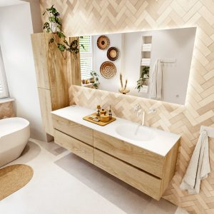 MONDIAZ VICA 170cm badmeubel onderkast Washed Oak 4 lades. Wastafel MOON rechts 1 kraangat
