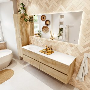 MONDIAZ VICA 170cm badmeubel onderkast Washed Oak 4 lades. Wastafel MOON links zonder kraangat
