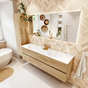 MONDIAZ VICA 170cm badmeubel onderkast Washed Oak 4 lades. Wastafel MOON dubbel zonder kraangat