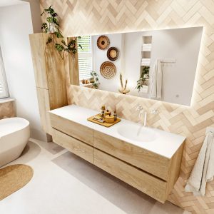 MONDIAZ VICA 180cm badmeubel onderkast Washed Oak 4 lades. Wastafel MOON rechts 1 kraangat
